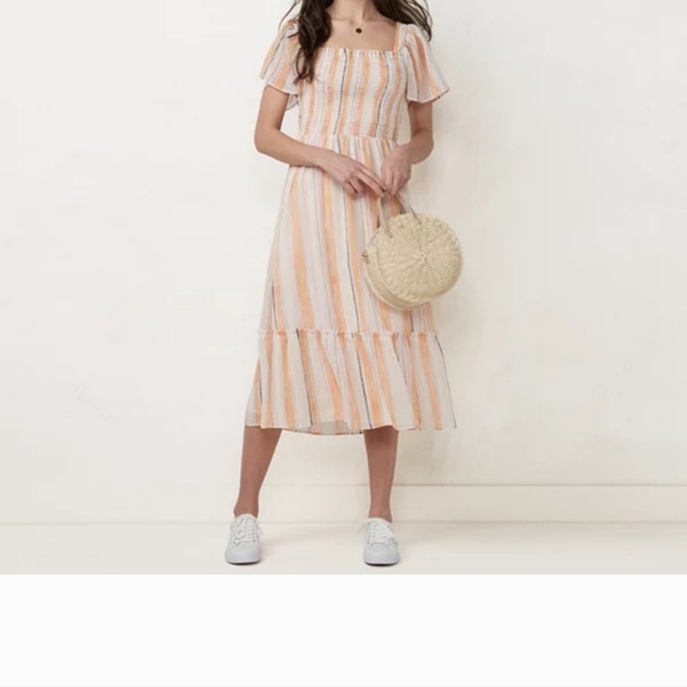 Lauren Conrad LC Metallic Striped Smocked Top Flutter Sleeve Midi Dress